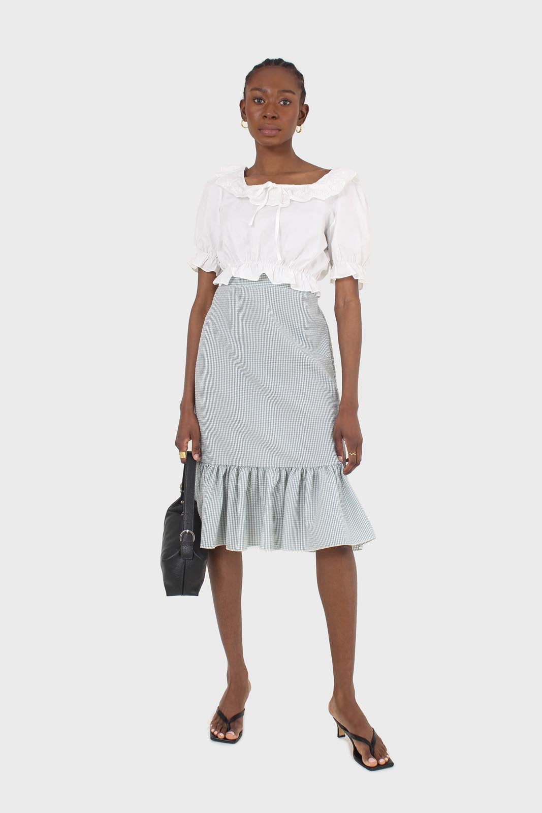 Khaki gingham ruffle tier midi skirt - set_1