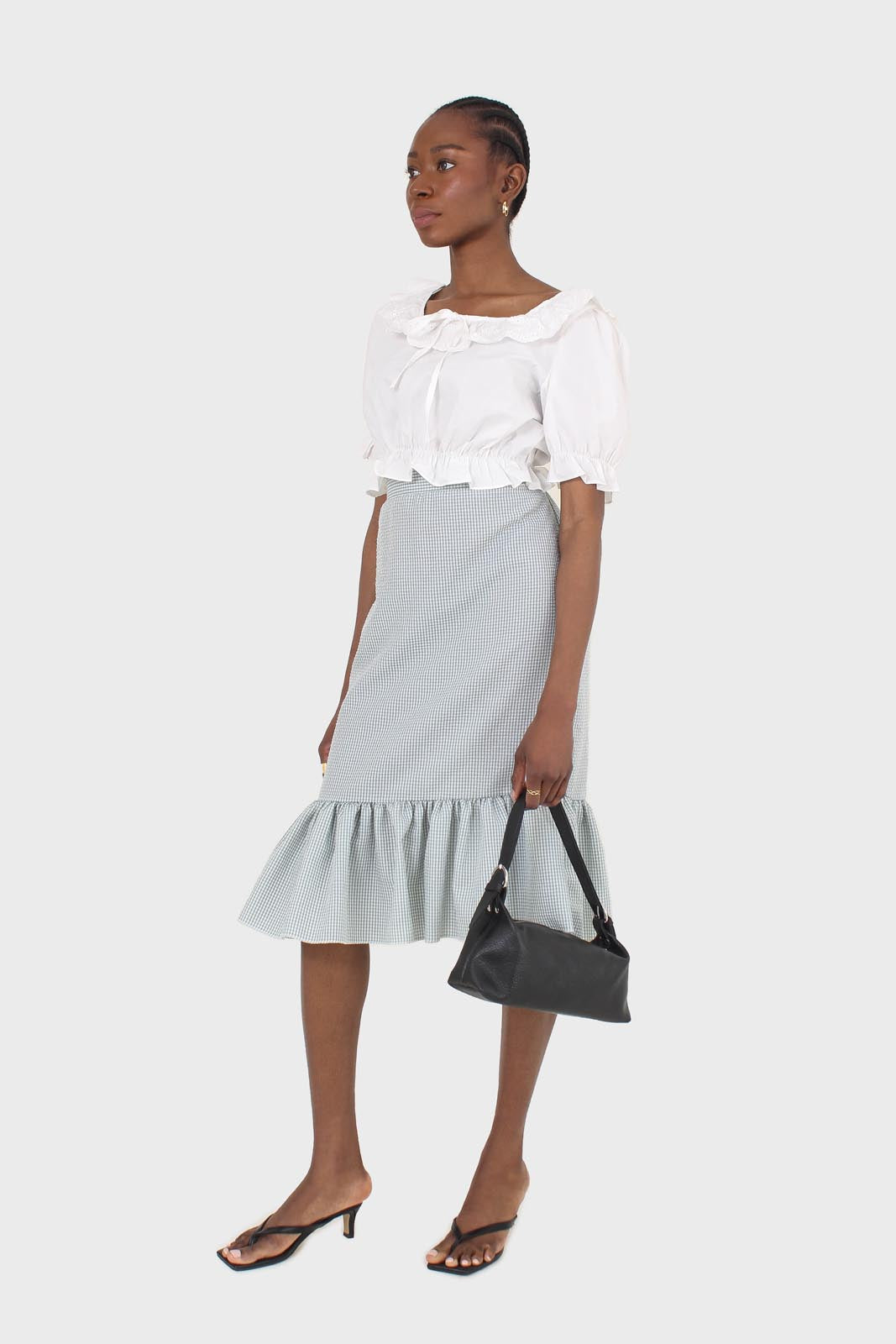 Khaki gingham ruffle tier midi skirt - set_4