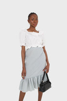 Khaki gingham ruffle tier midi skirt - set_6
