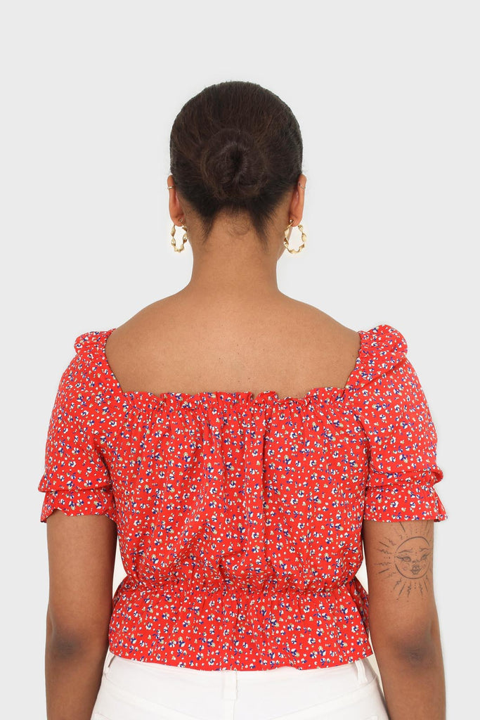 Red floral print off shoulder short sleeved top_3