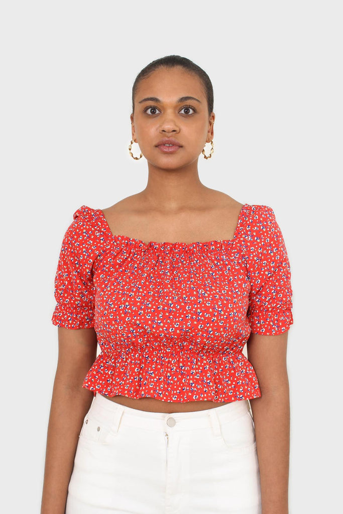 Red floral print off shoulder short sleeved top_1
