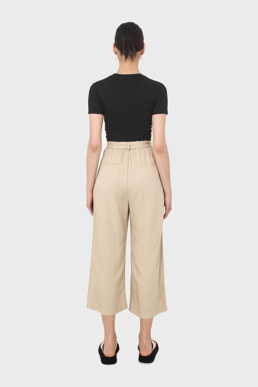 Beige soft tie waist wide leg trousers_4
