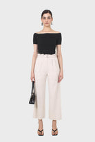 Oatmeal linen belted loose fit trousers_7