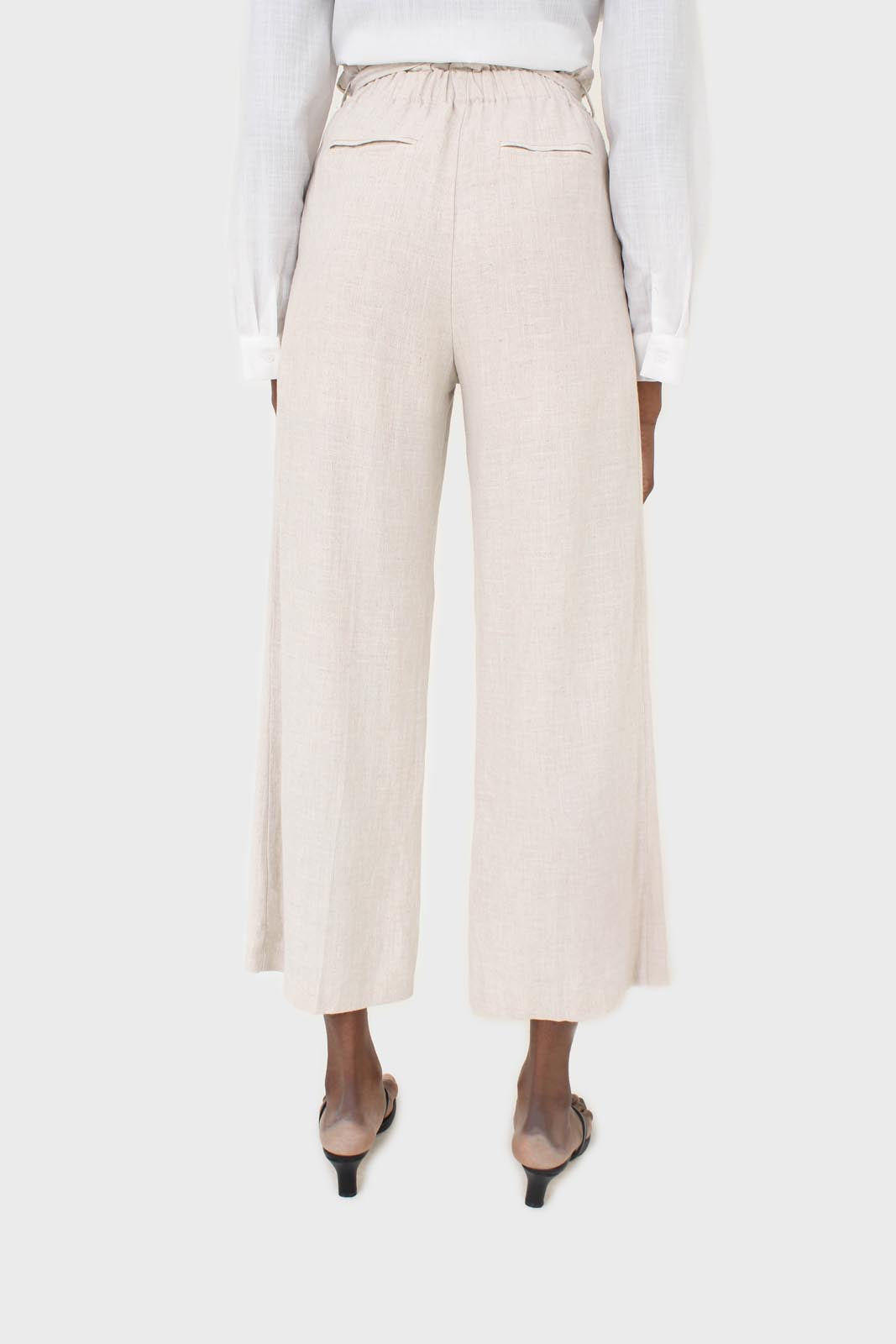 Oatmeal linen belted loose fit trousers_4