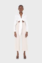 Oatmeal linen belted loose fit trousers_3