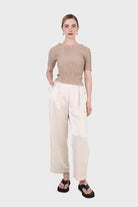 Beige smocked fitted short sleeved top_3