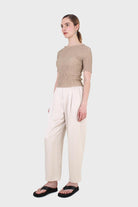 Beige smocked fitted short sleeved top_4