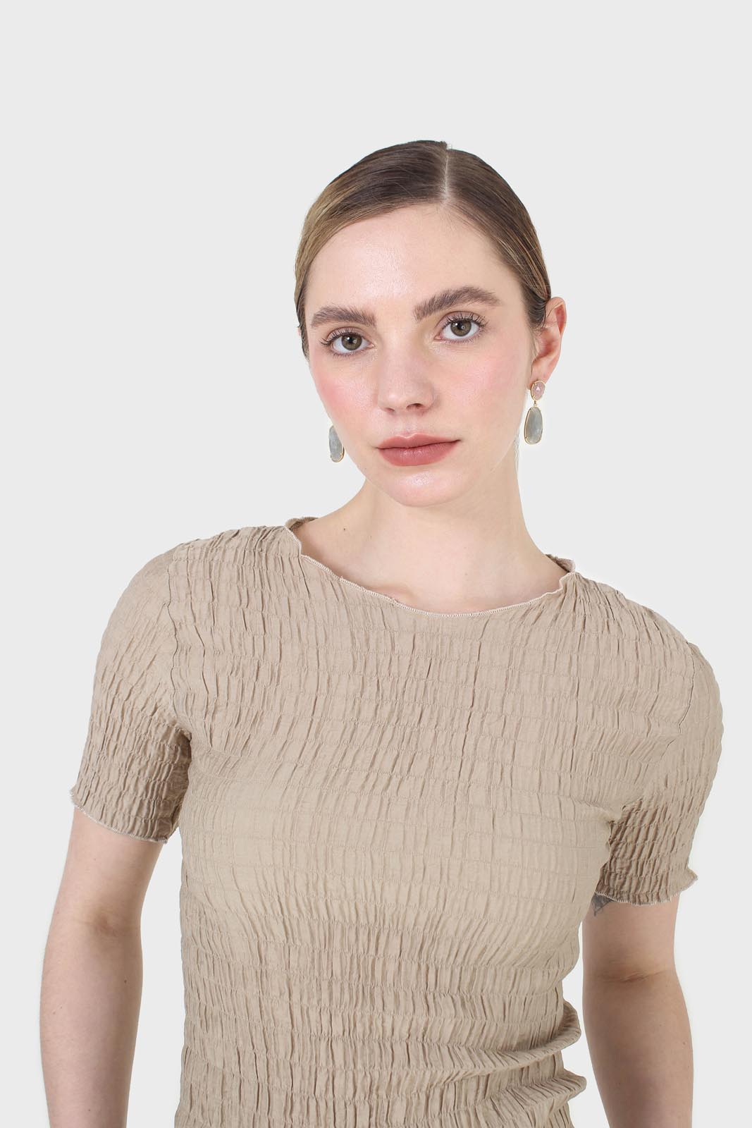 Beige smocked fitted short sleeved top_5
