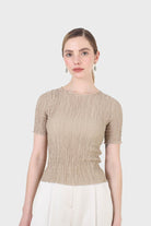 Beige smocked fitted short sleeved top_1