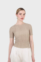 Beige smocked fitted short sleeved top_6