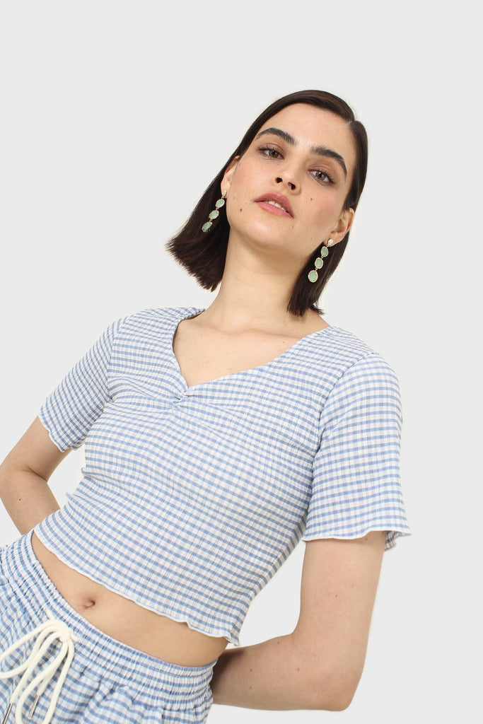 Blue gingham ruched neck tee_5