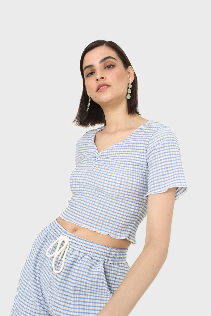 Blue gingham ruched neck tee_7