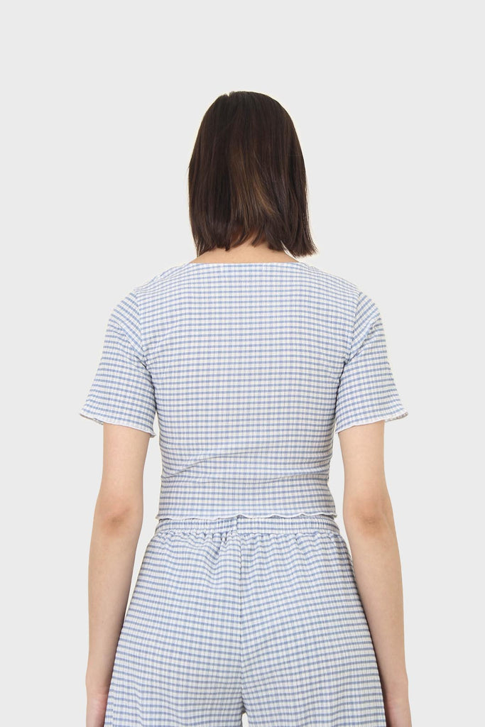 Blue gingham ruched neck tee_2