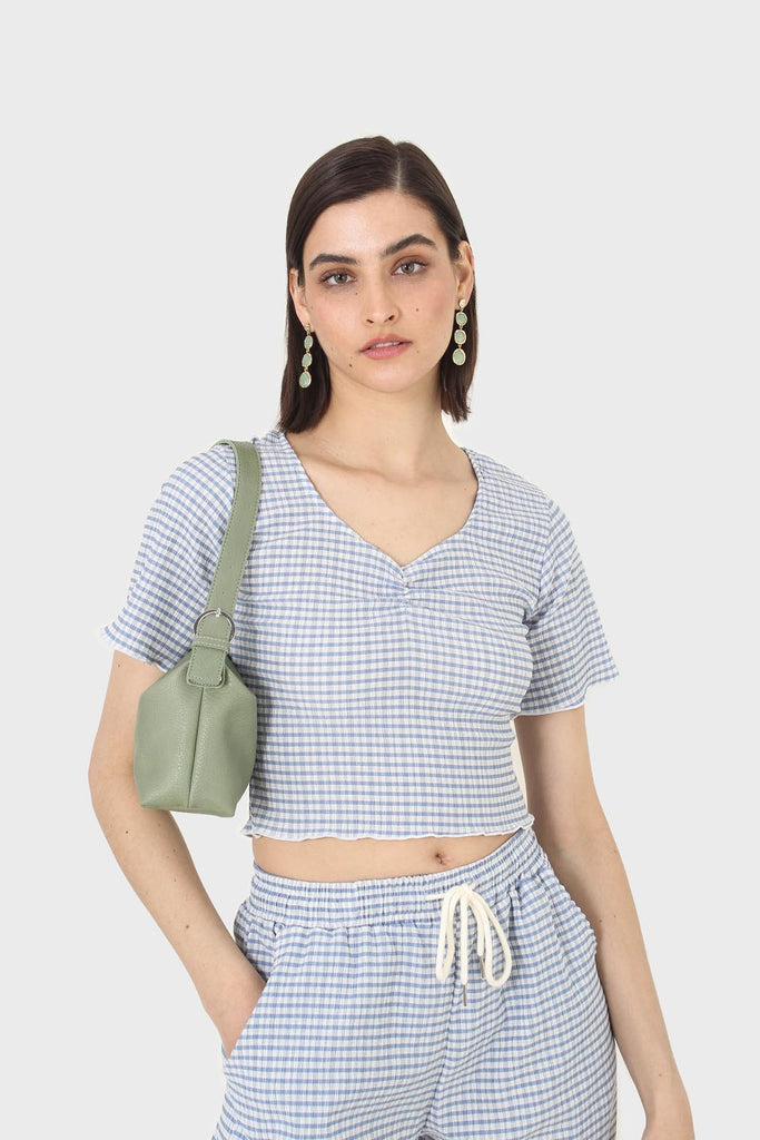 Blue gingham ruched neck tee_1