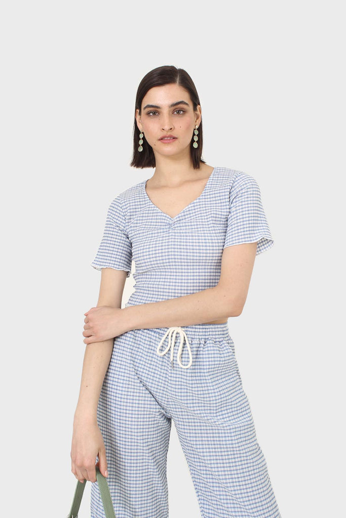 Blue gingham ruched neck tee_6