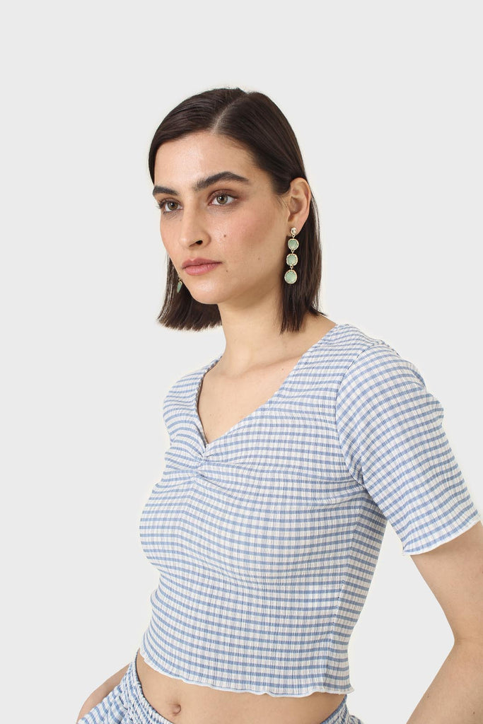 Blue gingham ruched neck tee_8