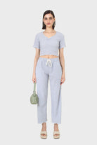 Blue gingham loose fit drawstring trousers_4