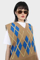 Camel and bright blue argyle sweater vest_5