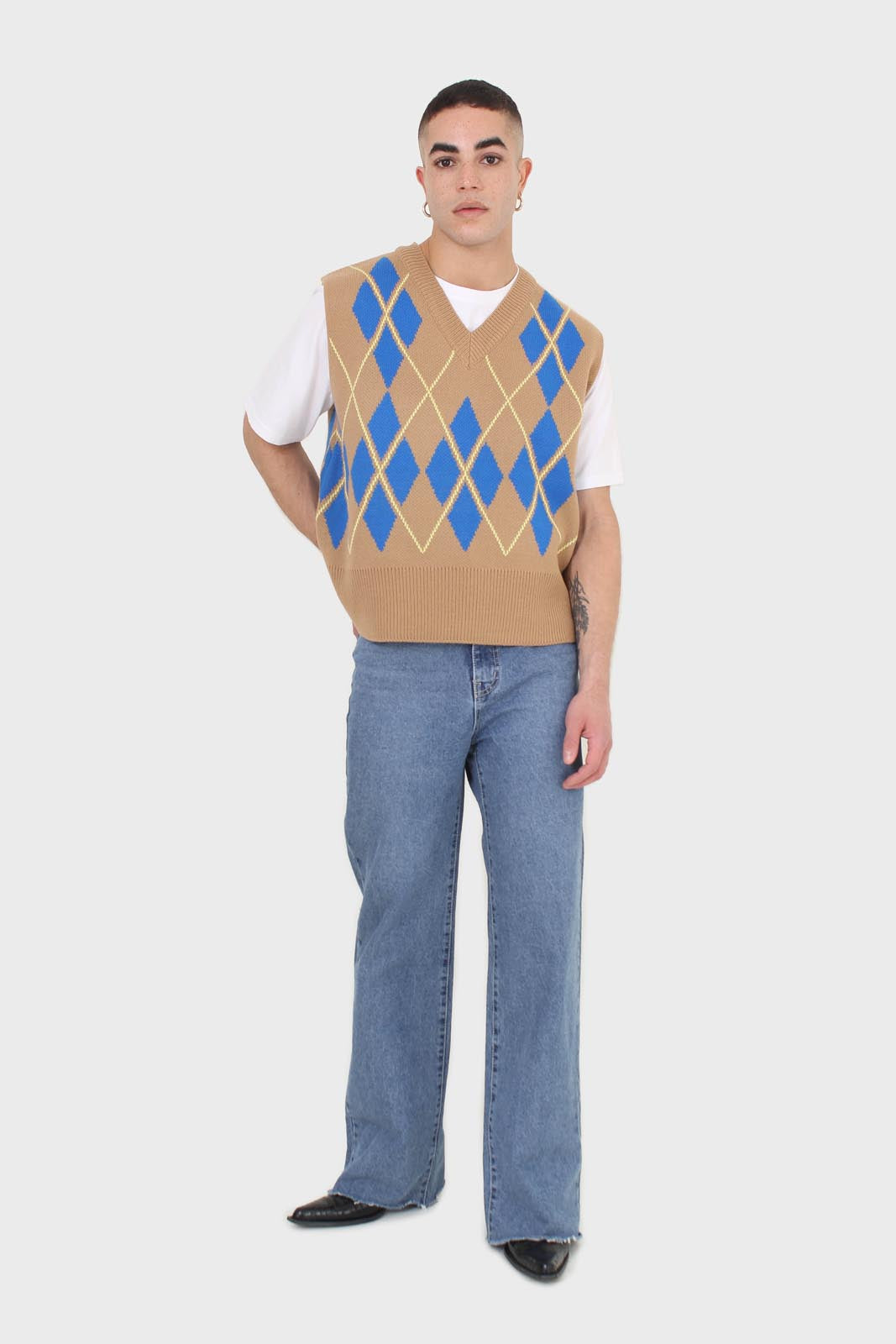 Camel and bright blue argyle sweater vest_13
