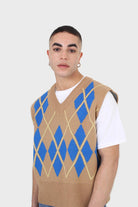 Camel and bright blue argyle sweater vest_8