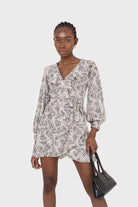 Ivory and black printed ruffle trim dress_1