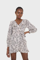 Ivory and black printed ruffle trim dress_8