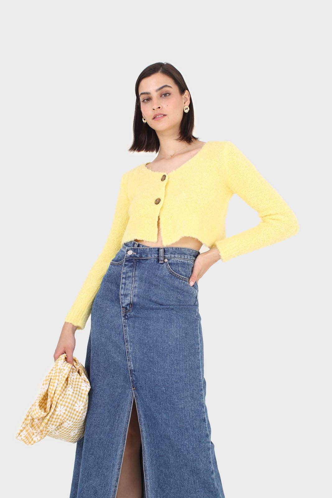 Yellow fuzzy double button cardigan_4