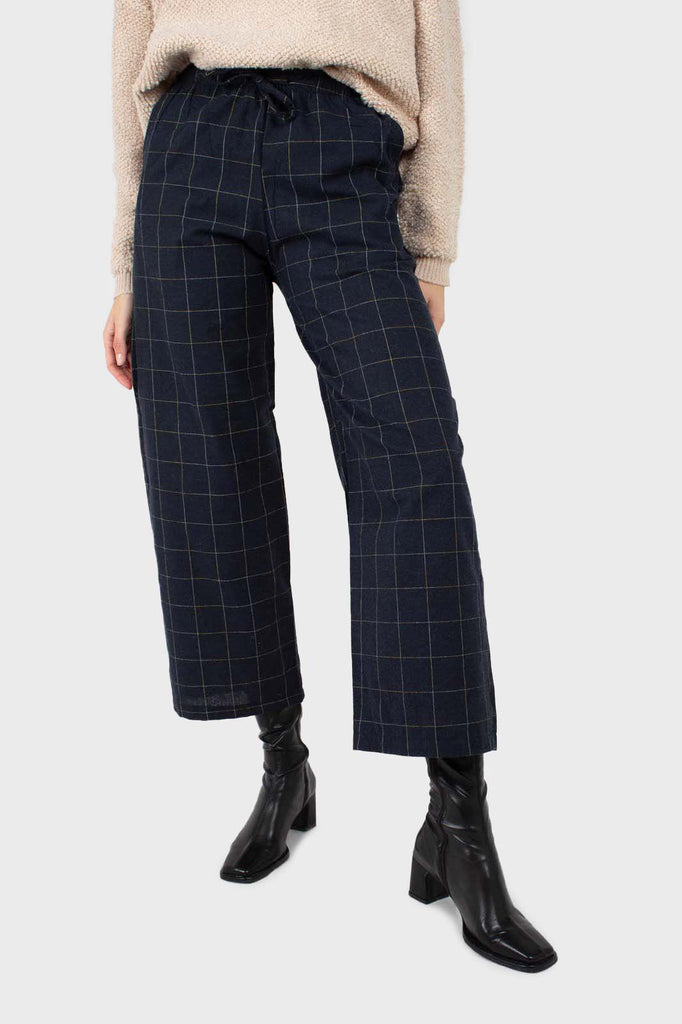 Navy and white box checked loose fit trousers_1