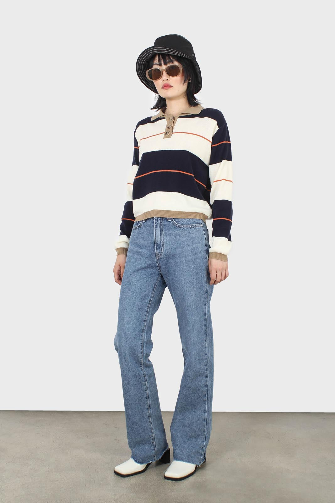 Navy and ivory thick multistriped polo knit top_2