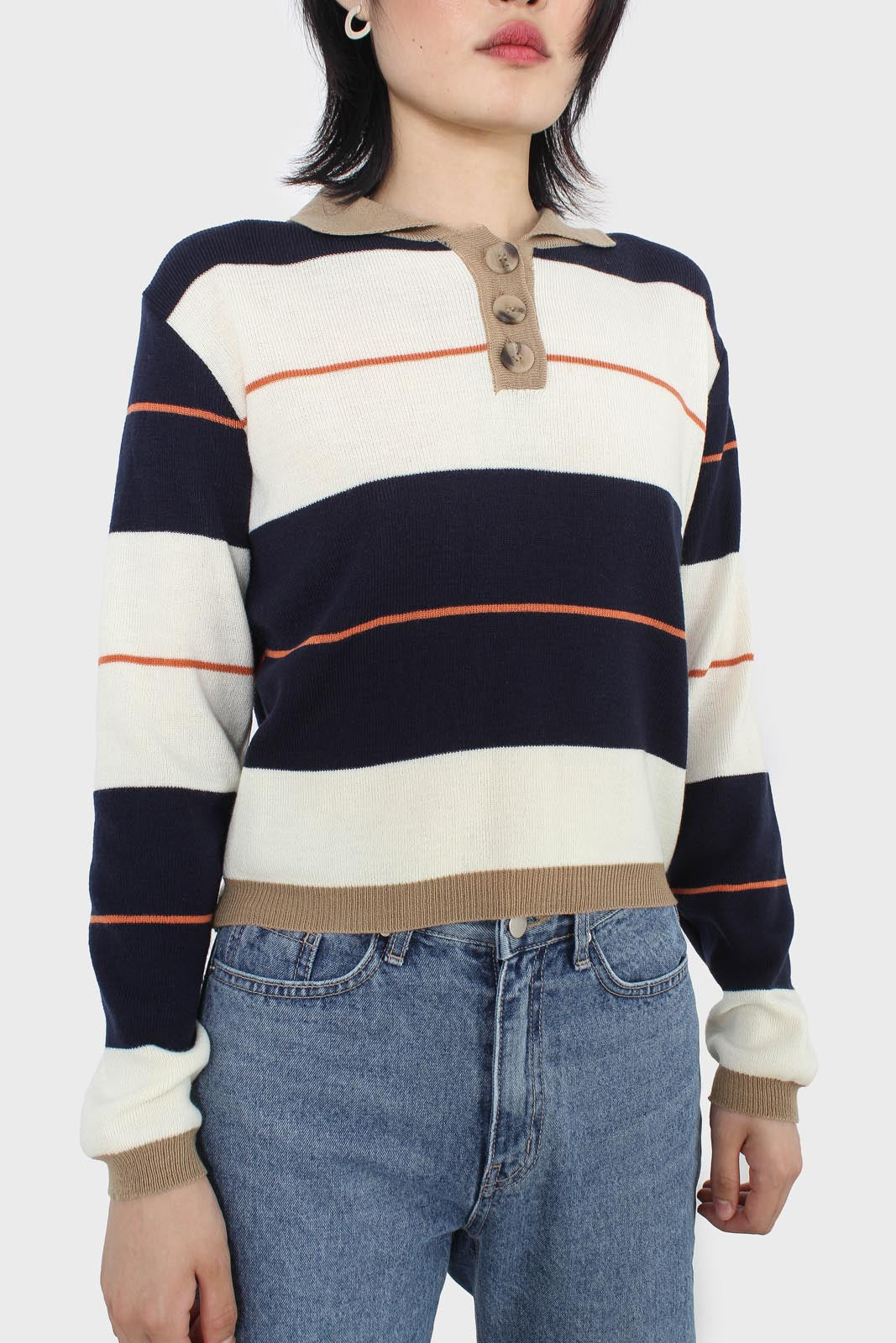 Navy and ivory thick multistriped polo knit top_5