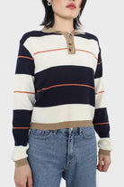Navy and ivory thick multistriped polo knit top_5