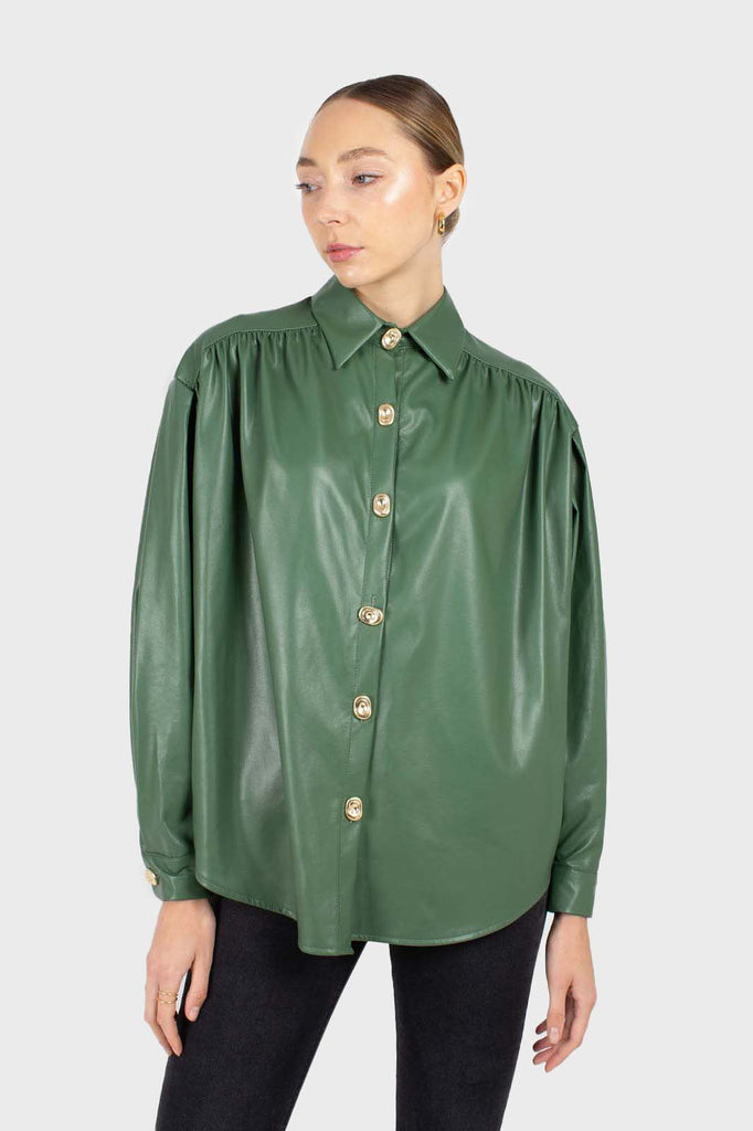 Green gold button vegan leather shirt_1