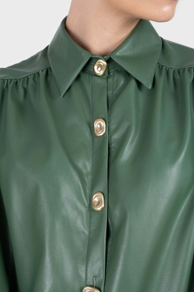 Green gold button vegan leather shirt_2