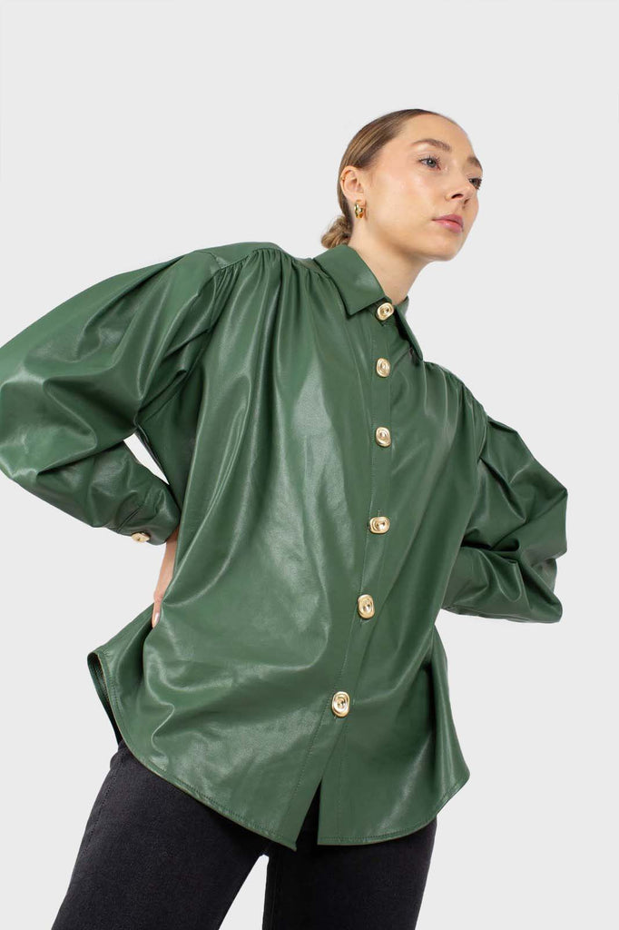 Green gold button vegan leather shirt_3