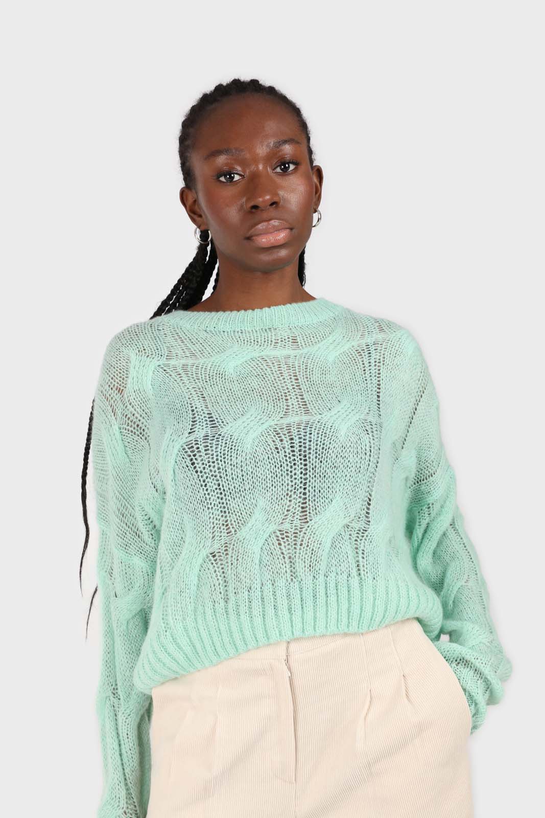 Mint loose cable knit crew neck jumper_4
