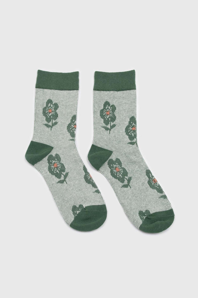Green jacquard flower socks_4