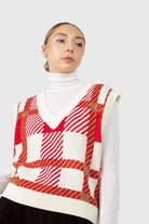 Ivory and red plaid knit vest_1