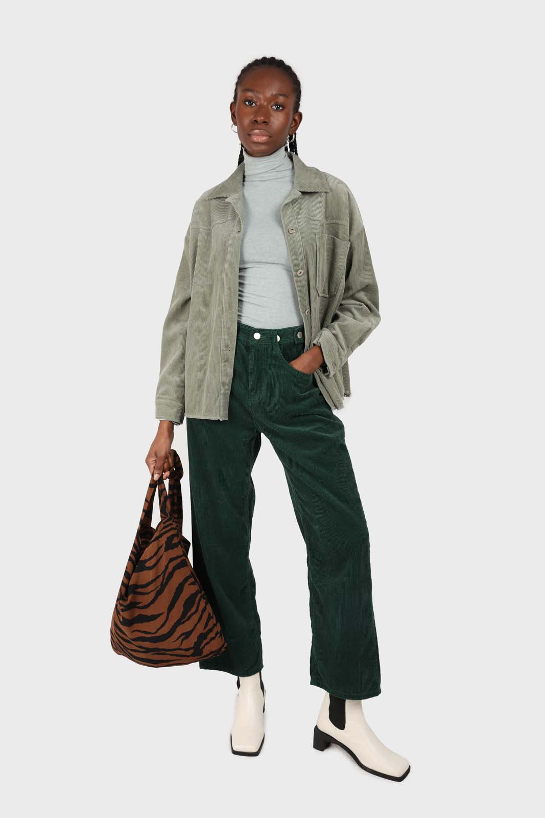 Khaki corduroy patch pocket oversized shirt jacket_3