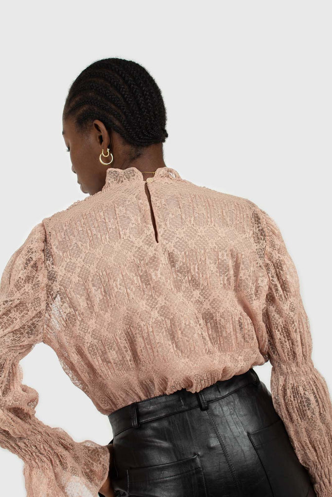 Baby pink sheer lace mock neck blouse_7