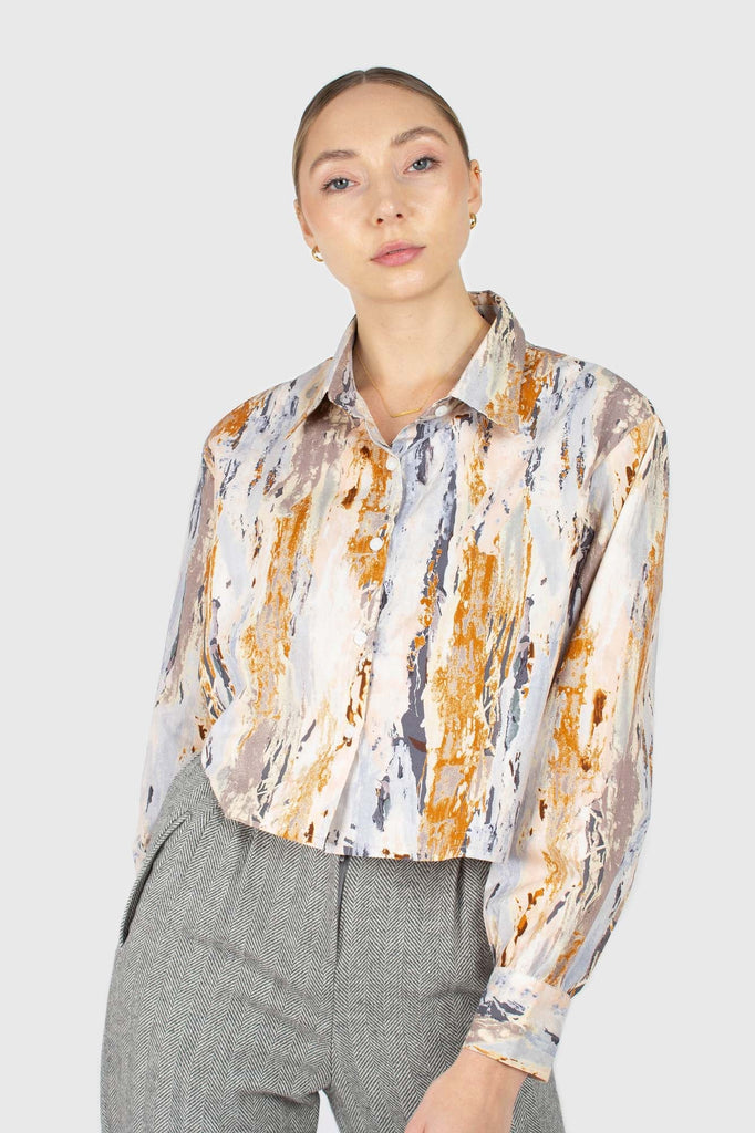 Rust marble print cropped cotton shirt_1