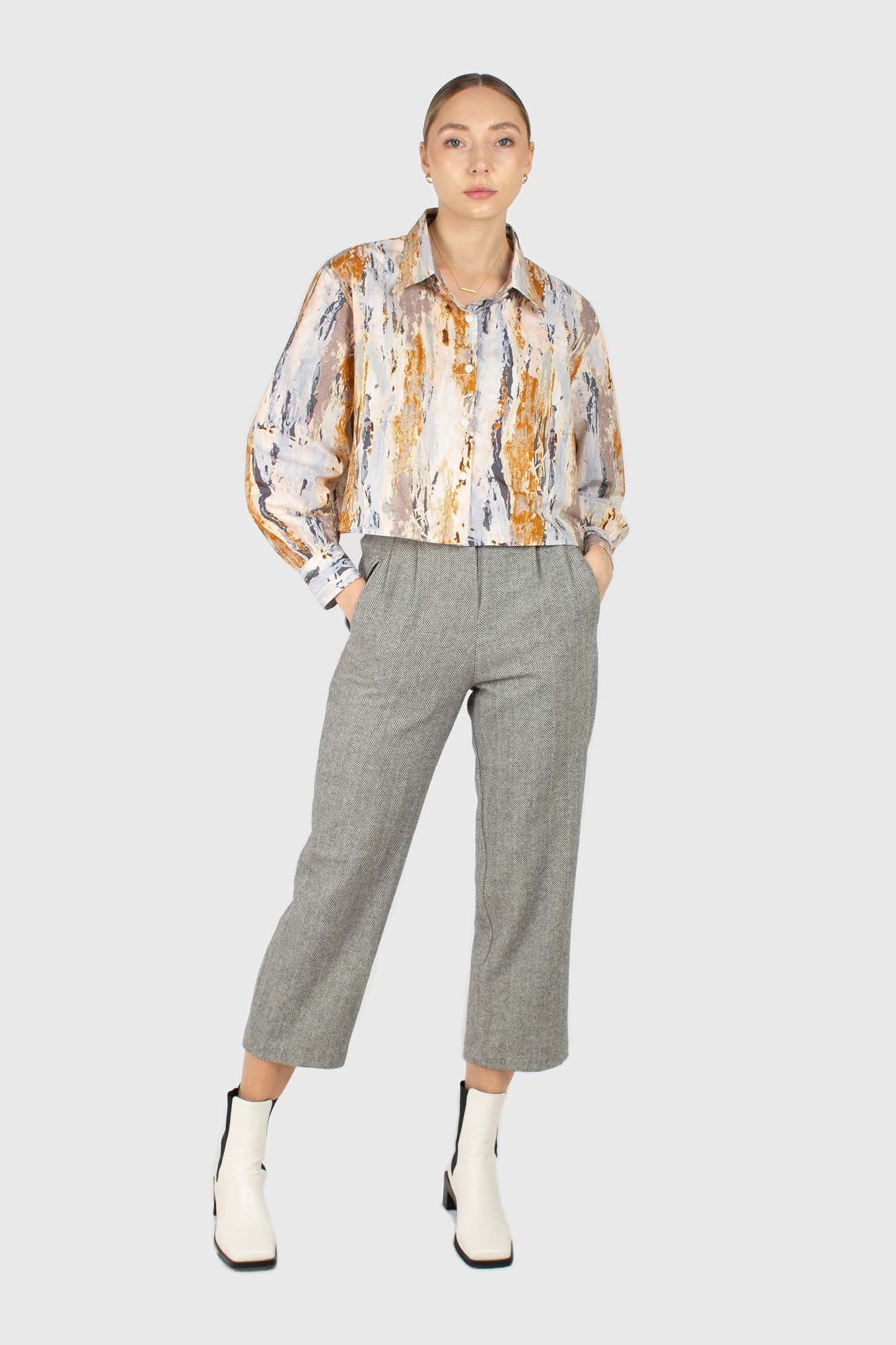 Rust marble print cropped cotton shirt_2