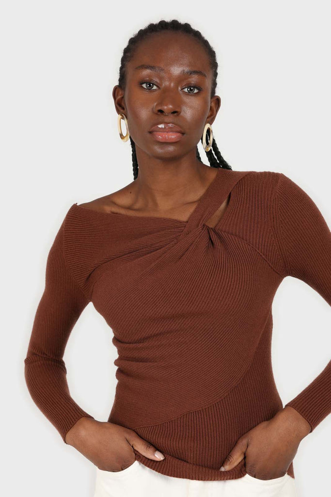 Brown cross shoulder knit top_1