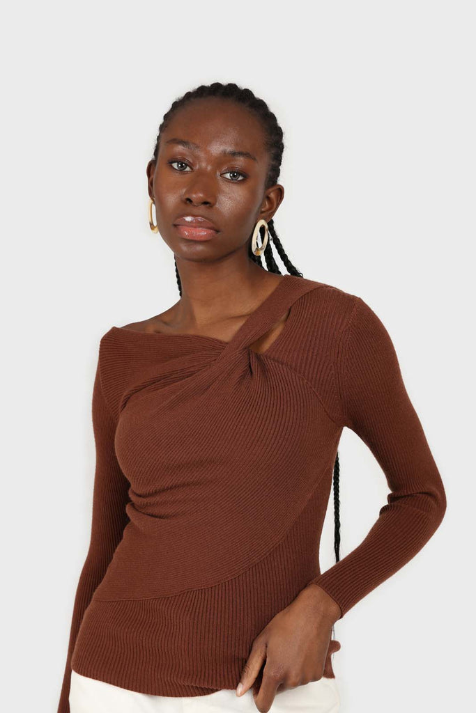 Brown cross shoulder knit top_4