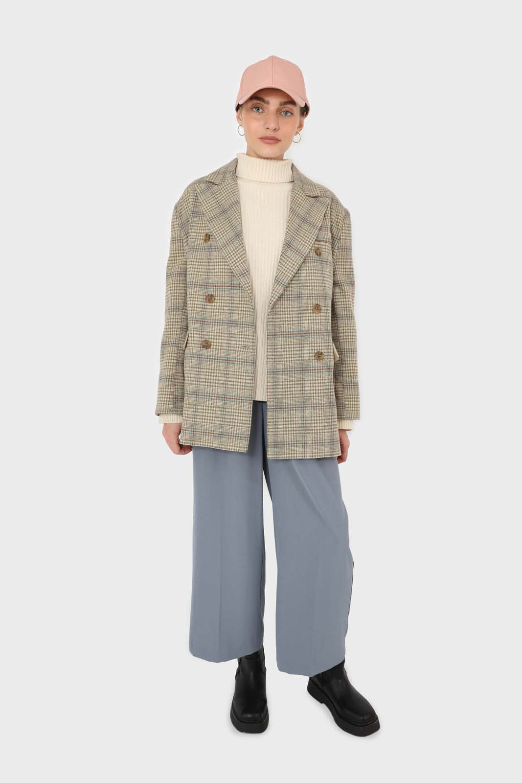 khaki checked oversized wool blazer