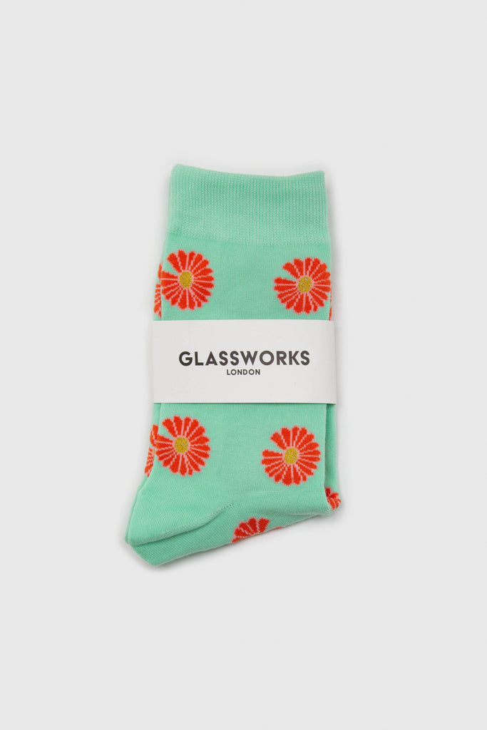 Mint and orange daisy print socks_3