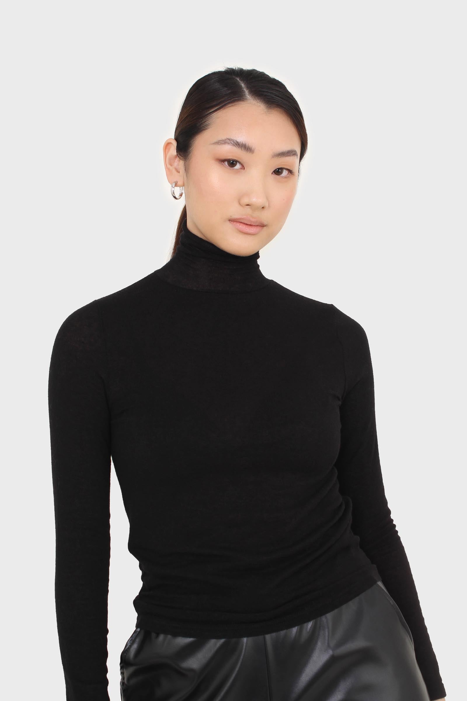 Black wool blended thin turtleneck top_5