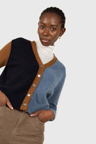 Blue and mustard colorblock wool blend cardigan_1