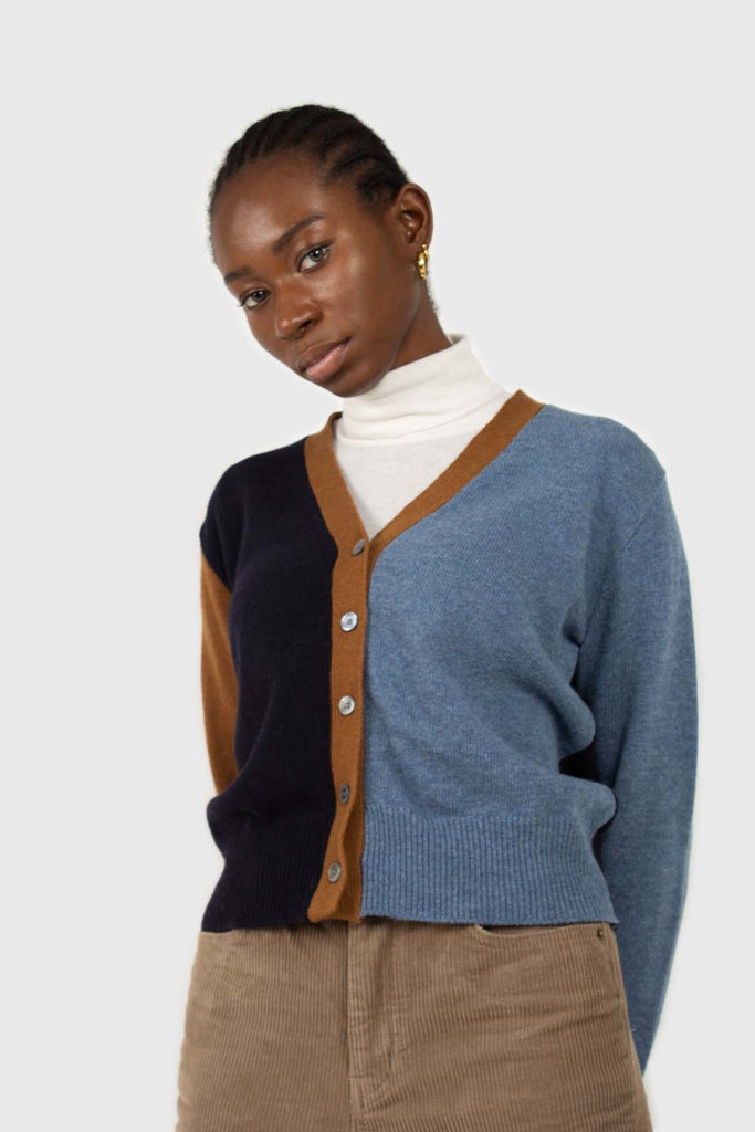 Blue and mustard colorblock wool blend cardigan_5