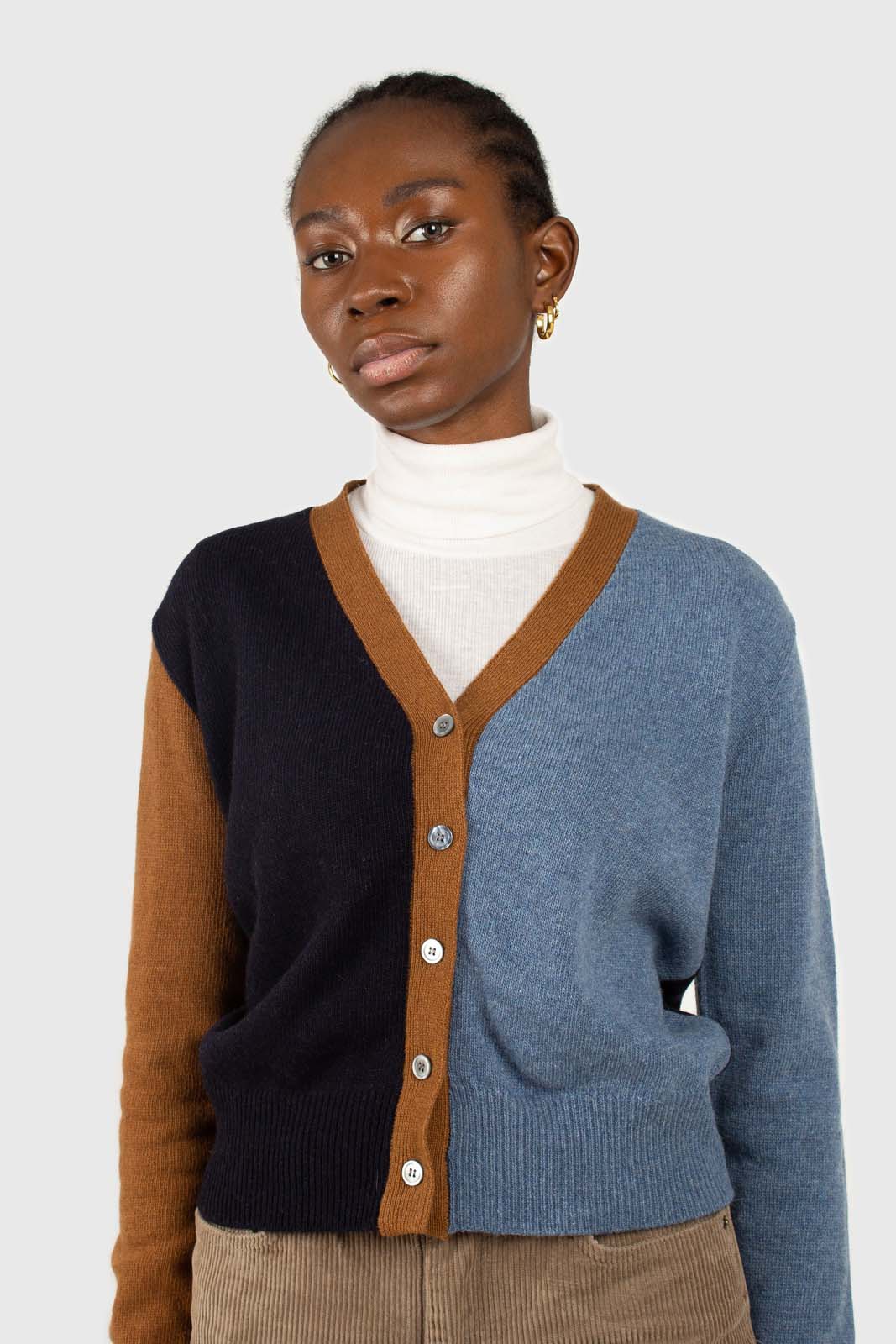 Blue and mustard colorblock wool blend cardigan_6