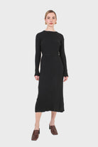 Black large ribbed wool blend midi dress_1